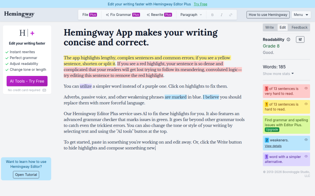 Najlepszy darmowy sprawdzacz gramatyki online: porównanie najlepszych narzędzi 6 Screenshot of hemingwayapp.com