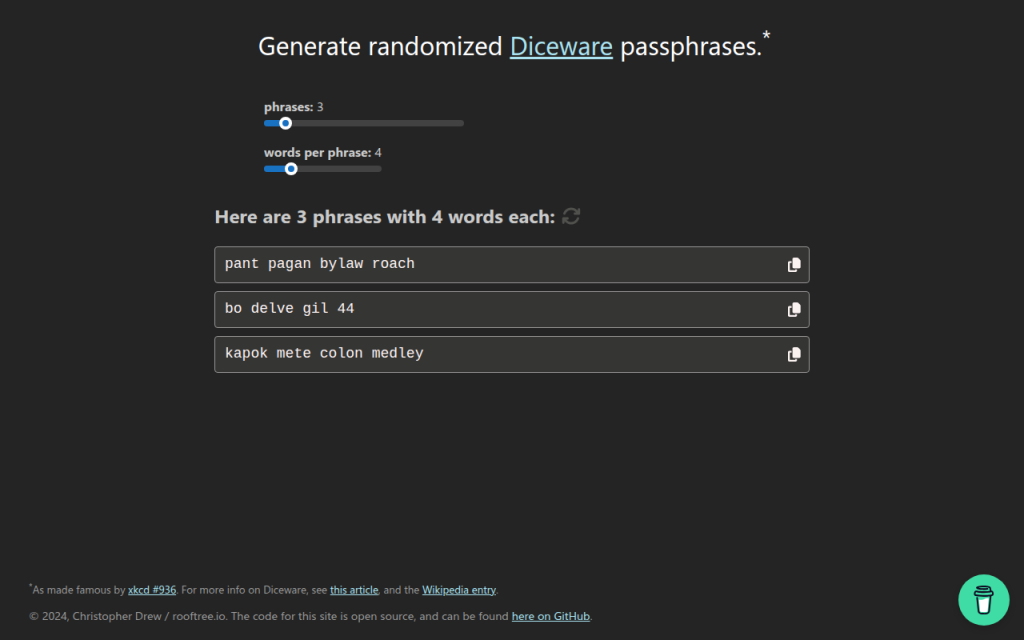 Free Password Generator Online: Security Guide and Best Practices 17 Screenshot of home page for diceware.org