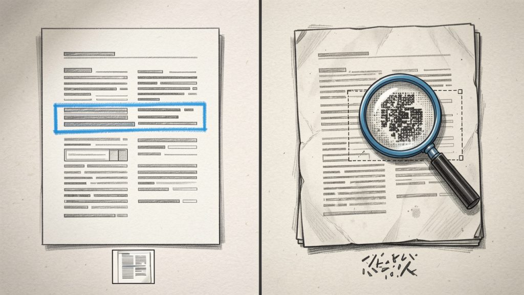 Side-by-side illustration showing (A) a 'digital PDF' with selectable text and embedded layout metadata, dan (B) a 'scanned PDF' that is an image of a page requiring OCR. Label differences (selectable text vs image, OCR required) and show typical outcomes after conversion.