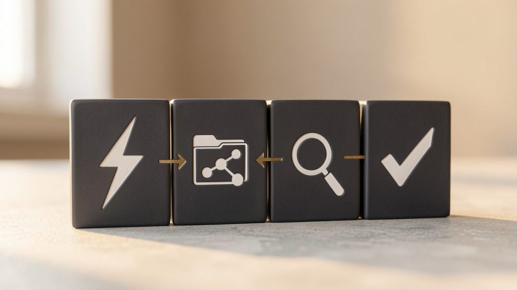 Note-Taking Tools: Capture, Organize, and Retrieve Ideas 21 A clean, simple flow diagram showing the four functional layers as stacked or sequential blocks: Capture -> Organization -> Retrieval -> Action. Each block has a small icon (e.g., lightning bolt for capture, folder/tag/linked nodes for organization, magnifying glass for retrieval, checklist/arrow for action) and arrows indicating information flow between them.