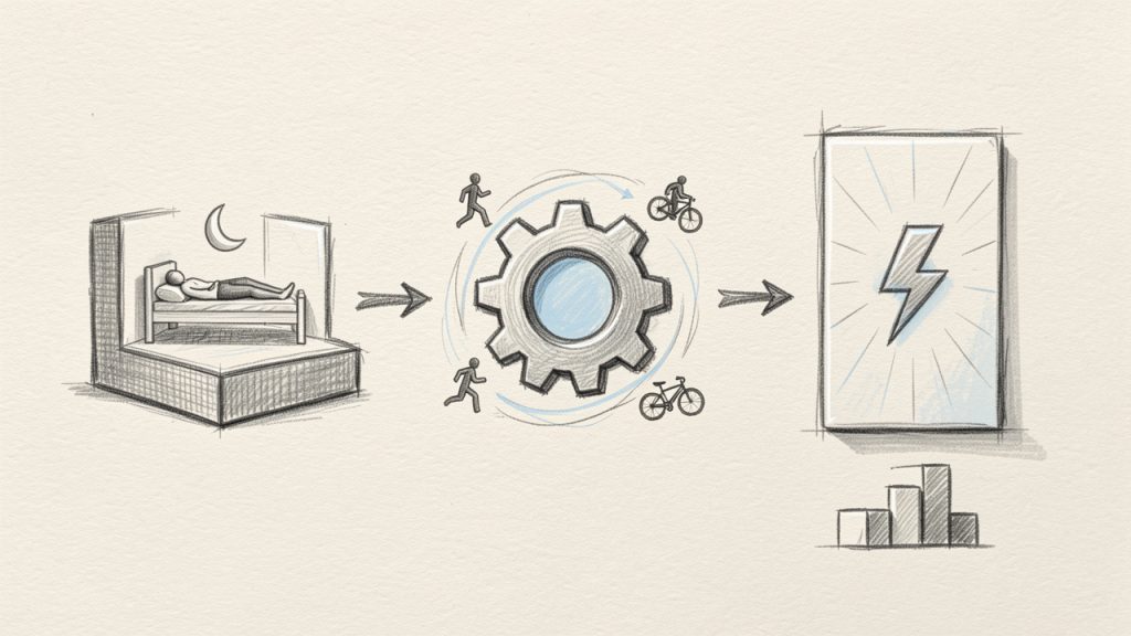 วิธีใช้เครื่องคิดแคลอรี่เพื่อกำหนดเป้าหมายโภชนาการที่สมจริง 2 Diagram showing how BMR and activity multiplier combine to produce TDEE: a base block labeled “BMR (resting calories)” with an arrow into a multiplier cog labeled “Activity factor (e.g., 1.2–1.9)” producing an output block labeled “TDEE (total daily energy expenditure)”. Include a small numeric example (BMR 1500 × 1.55 = 2325).