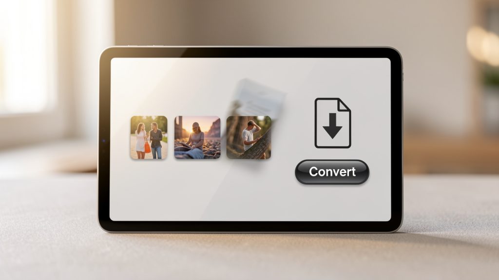 A simple web UI mockup showing multiple JPG thumbnails being dragged into order, a prominent 'Convert' button, and a single PDF file icon with a download arrow. Include small labels: 'Upload', 'Reorder', 'Convert', 'Download'.