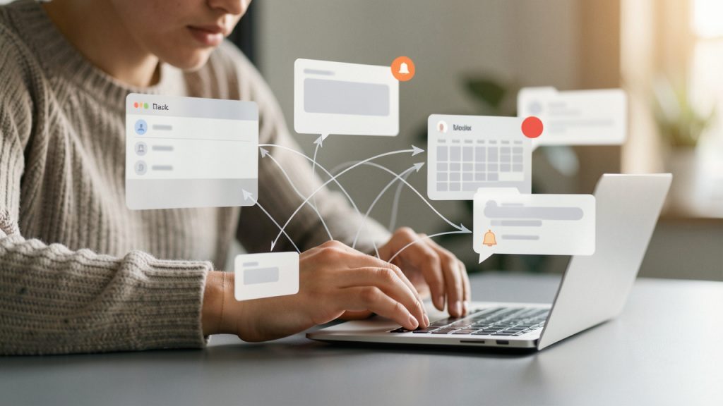 Productivity Tool Setup Guide — Reduce Tool Friction 36 A visual of 'tool friction': multiple app windows/icons (notes app, task manager, calendar, chat, file storage) scattered around a person at a desk. Arrows between apps cross and tangle, and small visual 'noise' symbols (bells, red dots) indicate notifications. Emphasize friction and fragmentation rather than complexity.