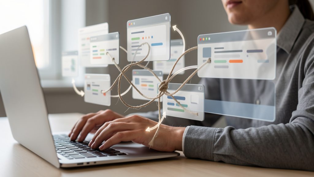 How to Compare Productivity Tools and Choose the Right Stack 33 A knowledge worker at a desk surrounded by many floating app windows and browser tabs (task manager, notes, chat, calendar), with arrows showing duplicated entries and a tangled line labeled “context loss” to convey fractured context and constant switching between tabs.