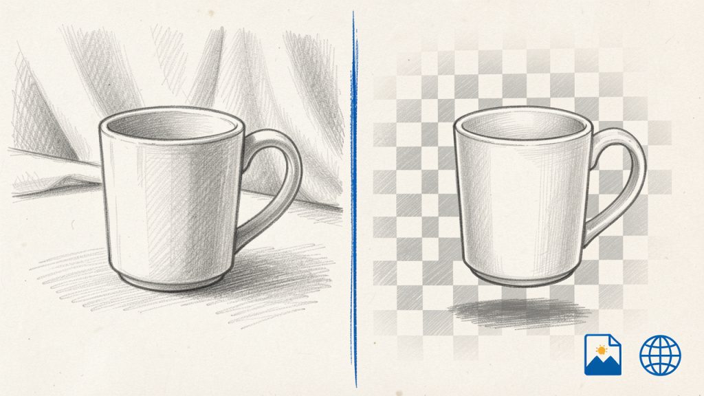 如何免费去除图片背景 — 快速且专业 3 Side-by-side example: left — original product photo with background; right — the subject isolated on a transparent checkerboard (PNG), with a small label showing 'Export: PNG / WebP'. This demonstrates the expected end result of removing a background.