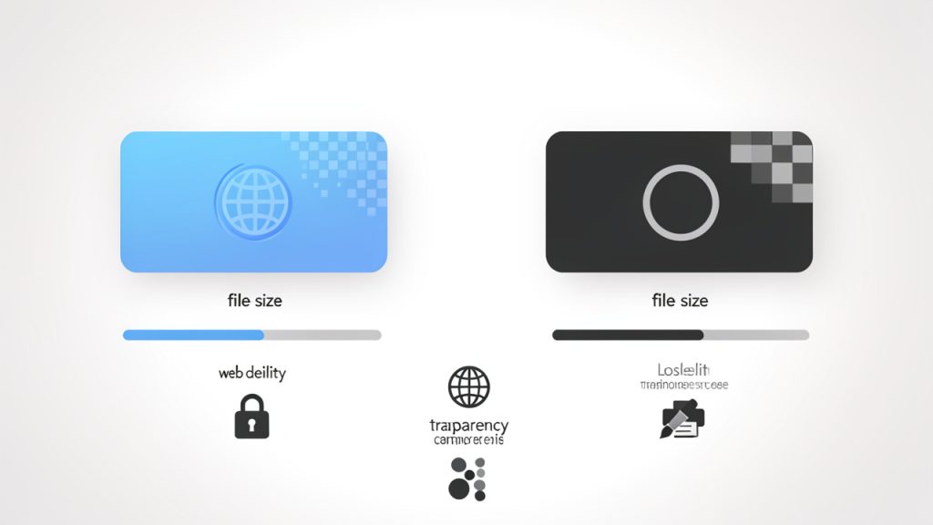 Side-by-side visual comparison showing a WebP file and a PNG file: icons or thumbnails with callouts for key attributes (lossy/lossless support, typical file size, transparency support, common use cases like web delivery vs editing/printing). Include a small bar or numeric indicator showing typical file-size difference.