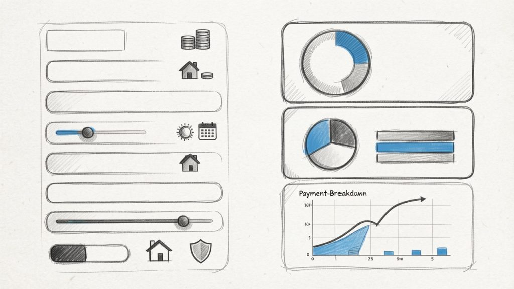 เครื่องคิดคำนวณเงินกู้: รู้ต้นทุนรายเดือนจริงของคุณ 21 Clean mortgage calculator interface mockup: inputs on the left (home price, down payment, loan term, interest rate, property tax, homeowners insurance, PMI toggle, HOA fees, extra monthly payment) and results on the right (monthly principal & interest, taxes+insurance+PMI, total monthly payment). Include a small amortization mini-chart and a pie or stacked bar showing the monthly payment breakdown.