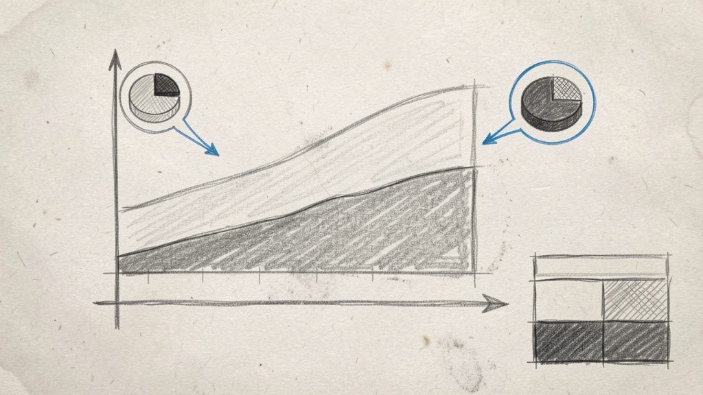 Stacked area chart showing a single loan’s amortization over time: x-axis = time (months/years), y-axis = payment amount. The lower area (principal) grows over time while the upper area (interest) shrinks, with labels pointing to an early payment (mostly interest) and a late payment (mostly principal). Include a small table excerpt showing one month’s payment split (principal vs interest).