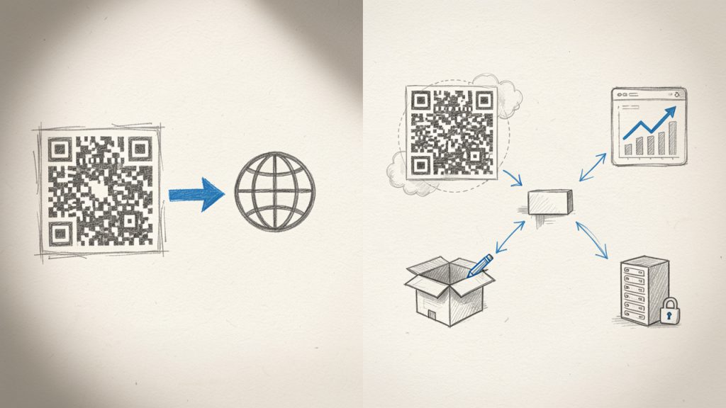 Best QR Code Generator Online: Choose, Create, Compare 46 Diagram comparing static vs dynamic QR codes: left panel shows a static QR encoding a final URL, right panel shows a dynamic QR pointing to a short redirect URL, editable destination, and analytics dashboard