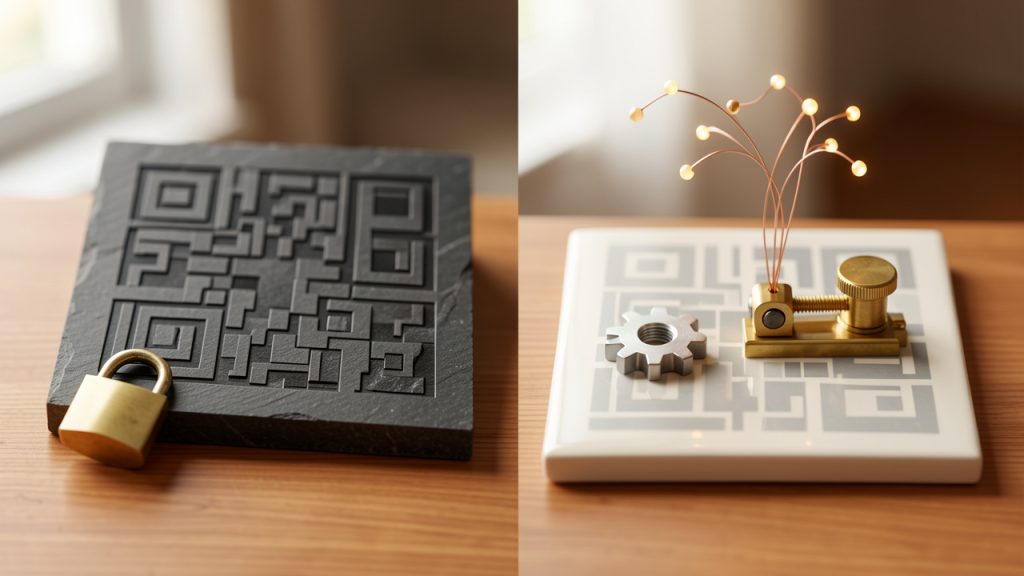 Best Free QR Code Generators Online (2026) - Compare Quality & Privacy 2 Split diagram comparing Static vs Dynamic QR codes: left side shows a static QR encoding a fixed URL (no redirect, unchangeable); right side shows a dynamic QR that points to a short redirect URL/management dashboard (editable destination, analytics layer). Include small labels: 'static — one-time payload', 'dynamic — redirect + editable destination + analytics'.