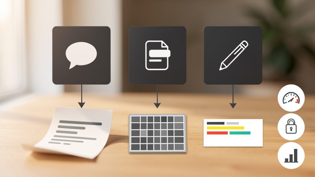 Free AI Writing Tools Online: A Practical Guide for Developers 17 A clear, simple diagram showing the three primary interaction patterns of free AI writing tools: (1) Prompt-driven generation, (2) Template/workflow-based outputs, and (3) Inline editing assistance. Layout: three labeled boxes or columns across the top (each with an icon: chat bubble for prompts, template/document for templates, pencil/line-edit for inline), arrows from each box pointing down to example outputs (e.g., 'First draft article', 'API parameter table', 'Grammar & concision edits'). Add a small sidebar or badge noting typical free-tier constraints (usage quotas, model-size limits, feature caps). Use minimal, flat iconography and short labels so the flow is readable at small sizes.