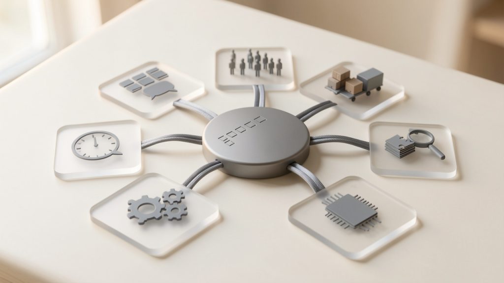 Productivity Tools Checklist: Practical Guide for Engineering Teams 14 Overview diagram of the Productivity Tools Checklist as a living document: a central checklist node with branches for functional categories (task management, time tracking, communication, automation, knowledge management, developer infrastructure), and arrows showing outputs (repeatable onboarding, controlled migrations, postmortems, reduced context-switching).