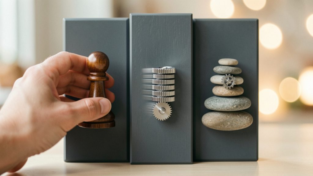 Three-column comparison infographic labeled 'Manual', 'Automated', 'Hybrid' showing each column's best use case, primary strength, and primary risk (icons for human judgement, speed/repeatability, and balance/complexity).