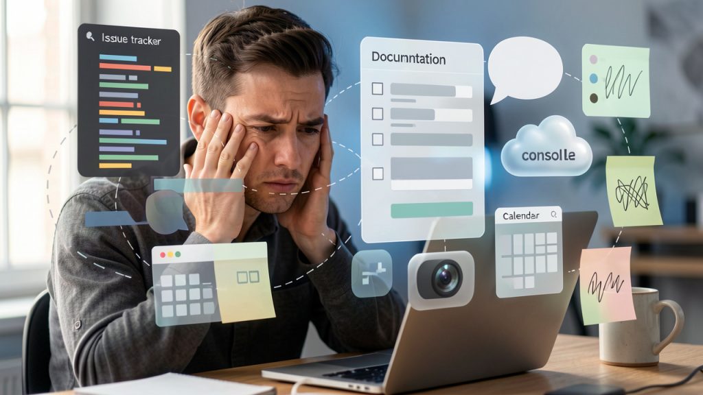 Productivity Tools for Work: Build a Focused Stack 30 A knowledge worker at a desk overwhelmed by many floating app windows and icons