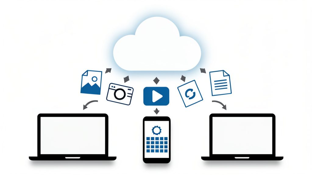 Online Convert: Fast, Secure File Conversion for Workflows 24 A central 'online convert' cloud or bridge icon connecting a variety of file-type icons (PDF, DOCX, JPG/PNG, HEIC, MP4, GIF, CSV/XLSX, EPUB) and device icons (laptop, smartphone, tablet). Use arrows showing files flowing from devices into the cloud and back as converted formats — conveys 'file conversion as the bridge between apps, devices, and formats.'