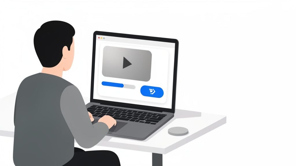 Persona al laptop che utilizza un compressore video online, che mostra una barra di avanzamento del caricamento e un pulsante prominente 'Compress'