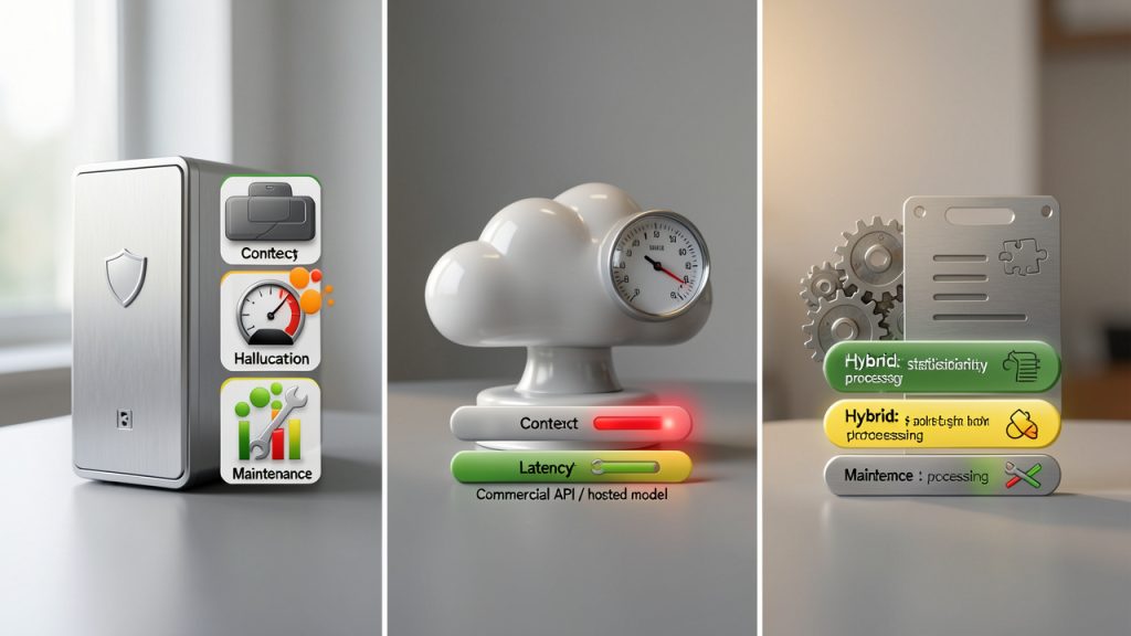 Free AI Writing Tools Online: A Practical Guide for Developers 18 A comparative architecture visualization that contrasts three backend approaches: (A) Open-source self-hosted transformer (server icon on-prem with a shield for privacy), (B) Commercial API / hosted model (cloud icon with speed / latency meter), and (C) Hybrid/statistical + deterministic post-processing (gear + rule-sheet). For each column include short metrics/annotations: Context window (small/medium/large), Typical latency (low/medium/high), Hallucination risk (low/medium/high), Maintenance cost (high/low/medium). Use color-coded icons or bars to make trade-offs immediately visible.