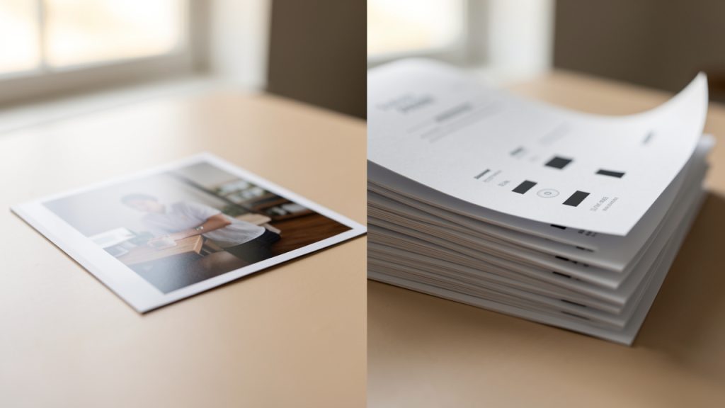 A side-by-side comparison diagram: left side labeled 'JPG' showing a single raster image thumbnail; right side labeled 'PDF' showing a stack of pages with small image thumbnails on each page plus icons for metadata and layout (e.g., text lines, page numbers).