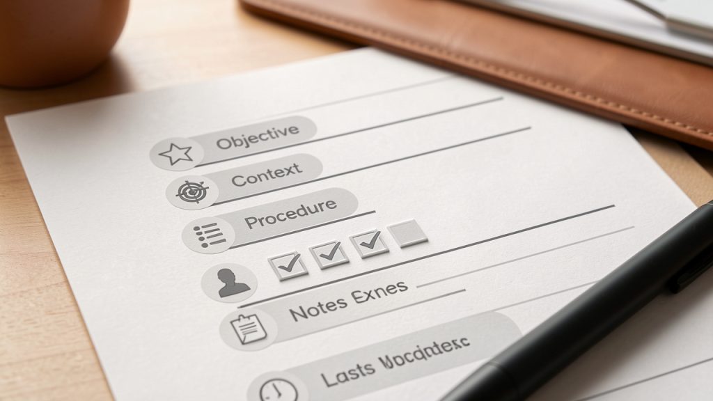 New Manual Post: Create Clear, Actionable Operational Docs 21 A clean, labeled template mockup of a New Manual Post page, with sections for Title, Objective, Context, Procedure, Owner, Notes/Exceptions, and Last Updated. Show an example short checklist in the Procedure area to illustrate actionable steps.