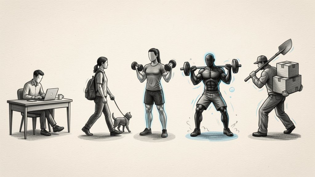 วิธีใช้เครื่องคิดแคลอรี่เพื่อกำหนดเป้าหมายโภชนาการที่สมจริง 3 Visual table of activity levels: five illustrated silhouettes or icons (desk worker, light walker, gym-goer, frequent trainer, manual laborer) with their labels, multipliers (1.2, 1.375, 1.55, 1.725, 1.9), and one-sentence typical profile under each.