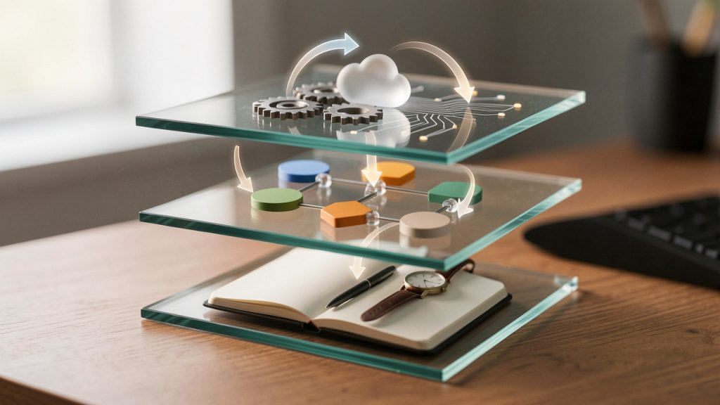 Productivity Tools for Work: Build a Focused Stack 31 A three-layered stack diagram for developers: personal execution, team coordination, workflow automation