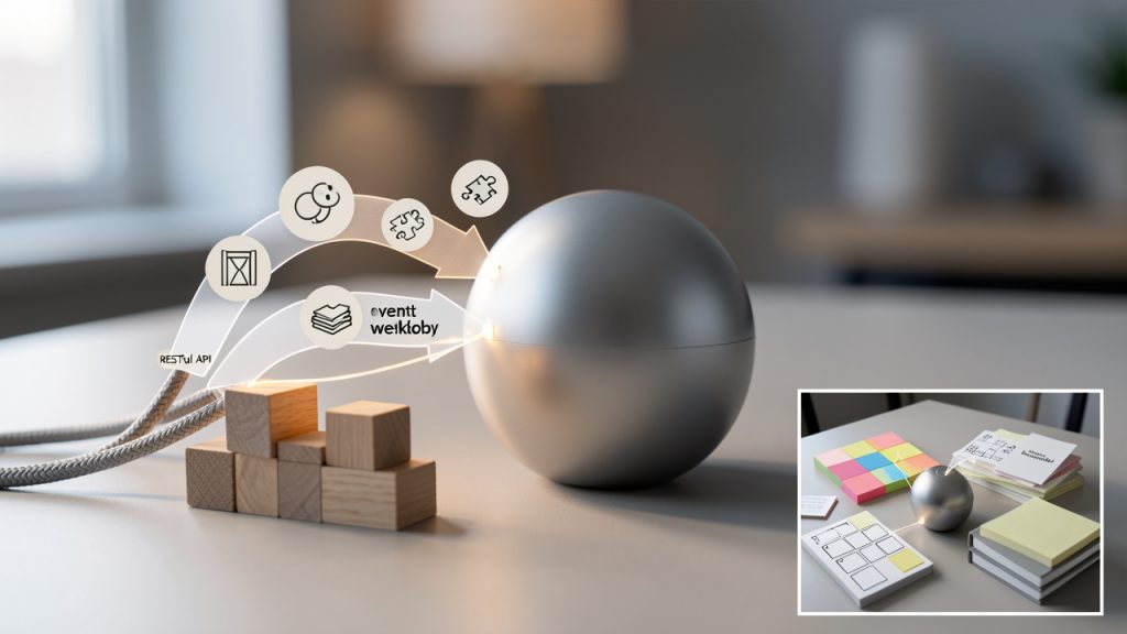 Best Productivity Tools for Engineers — Integration & Metrics 12 Integration diagram illustrating interoperability patterns: RESTful APIs, event webhooks, SDKs feeding into an orchestration/synchronization layer. Show concerns to evaluate (idempotency, rate limiting, pagination, schema stability) as callouts on the API arrows, and include a small inset showing an orchestration service reconciling state across calendar, task manager, and knowledge base.