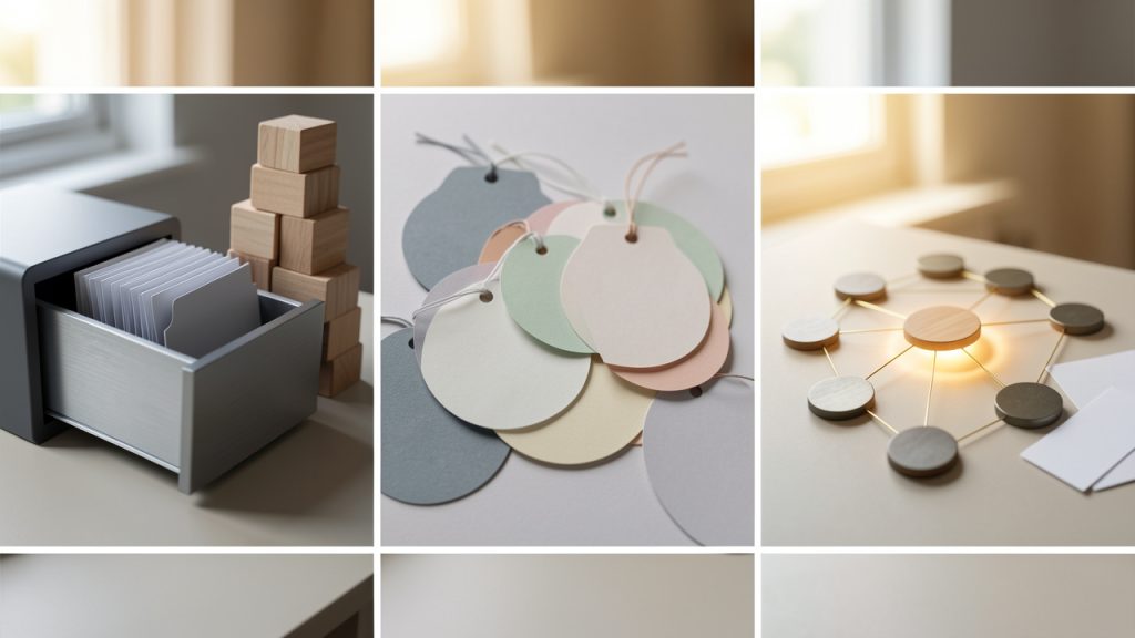 Note-Taking Tools: Capture, Organize, and Retrieve Ideas 22 A comparative illustration with three panels: (1) a hierarchical folder tree (filing cabinet) labeled "Folders", (2) a tag cloud with overlapping tags labeled "Tags", and (3) a network graph of interconnected nodes labeled "Backlinks / Graph". Include a small caption under each panel summarizing trade-offs (e.g., "stable hierarchy", "flexible multi-context", "idea discovery").