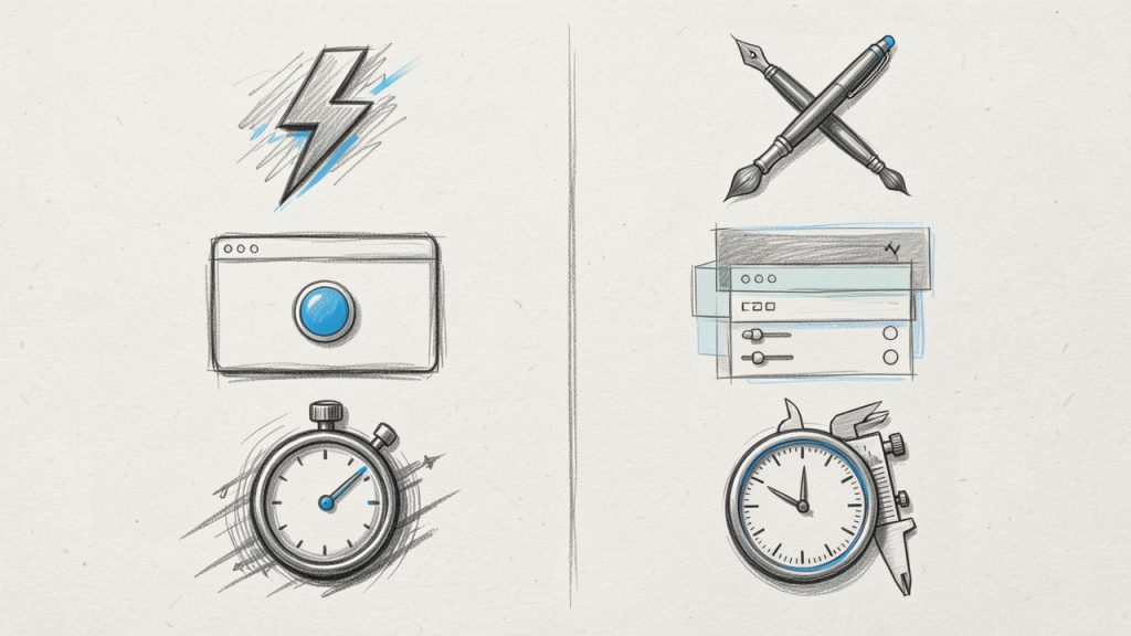 Jak usunąć tło ze zdjęcia za darmo — Szybko i profesjonalnie 13 Simple two-column diagram comparing approaches: one column labeled 'Automated' with a lightning bolt icon, a one-click web tool screenshot thumbnail, and a stopwatch indicating speed; the other column labeled 'Manual' with a brush and pen icon, a layered editor thumbnail, and a control/precision icon, plus a small caption 'Speed vs Control'.