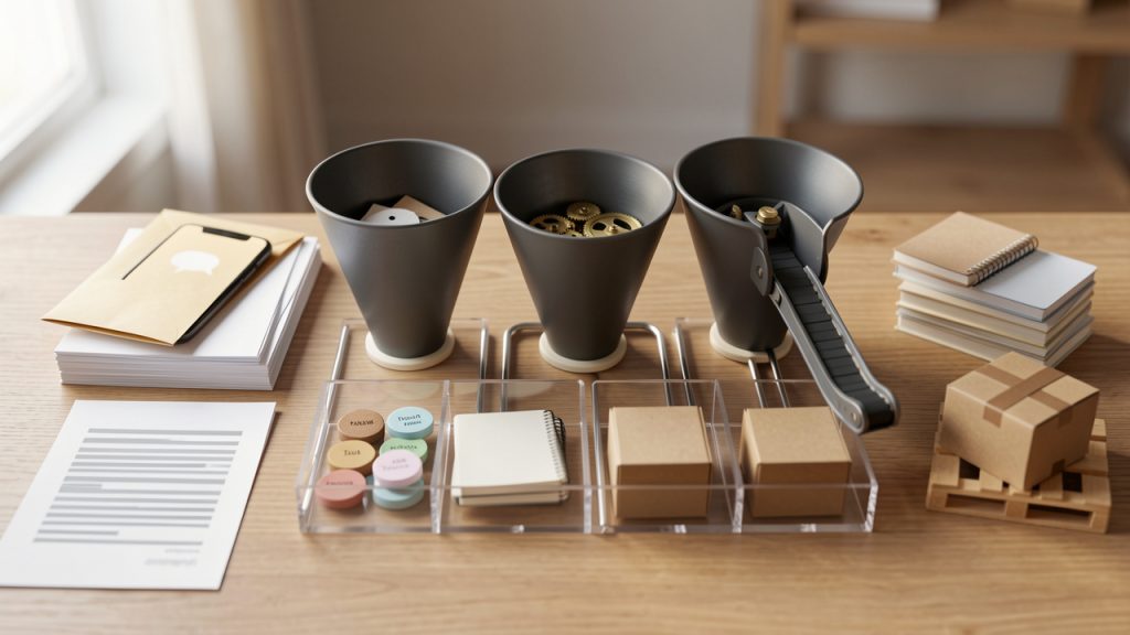 Productivity Tool Setup Guide — Reduce Tool Friction 37 A system-architecture diagram for attention: inputs (email, chat, meeting notes, PRs) flow into three labeled funnels/channels (Capture, Process/Organize, Execute) with processing rules boxes that route items into Task System, Knowledge Base, or Archive. Outputs (scheduled work, documented decisions, completed deliverables) come out the other side. Use clear labels for channels and routing decisions.