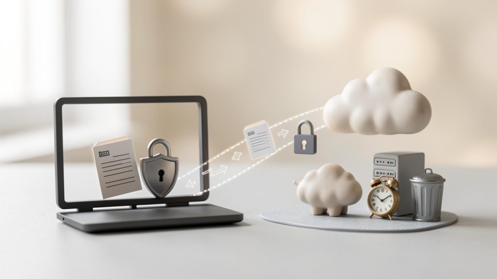 Side-by-side comparison diagram labeled 'Client-side (Browser) Processing' and 'Server-side (Cloud) Processing'. Left: a browser window with files staying inside a dotted laptop outline, labeled 'no upload, data stays local / better privacy'. Right: files moving via arrows to a cloud/server icon with a clock and trash can indicating 'upload, temporary custody, retention/deletion policy'. Add privacy implications (encryption in transit, retention time) as small callouts.