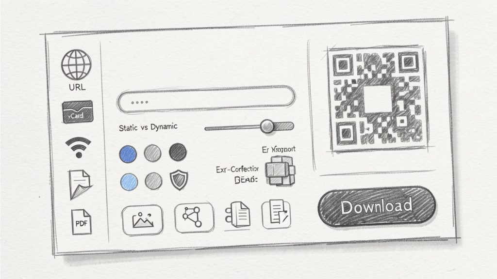 Best QR Code Generator Online: Choose, Create, Compare 48 Screenshot-style mockup of an online QR code generator interface showing content-type options, input field, static vs dynamic toggle, customization controls, export format buttons, and a prominent Download button
