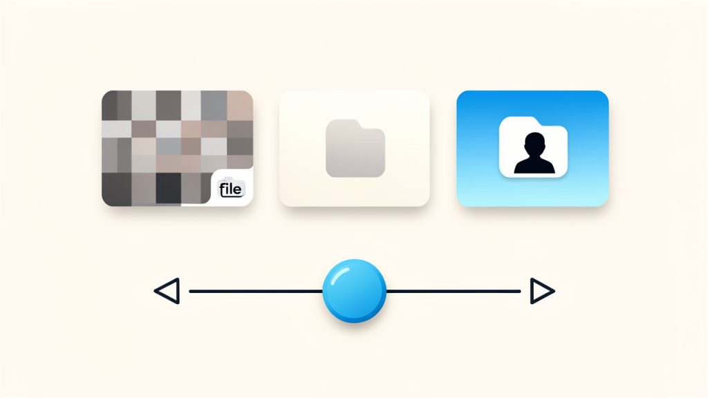 บีบอัดวิดีโอออนไลน์ฟรี — ลดขนาดวิดีโออย่างรวดเร็วและง่าย 8 File size versus quality: a slider showing compression trade-offs with three thumbnails representing high, medium, and low quality