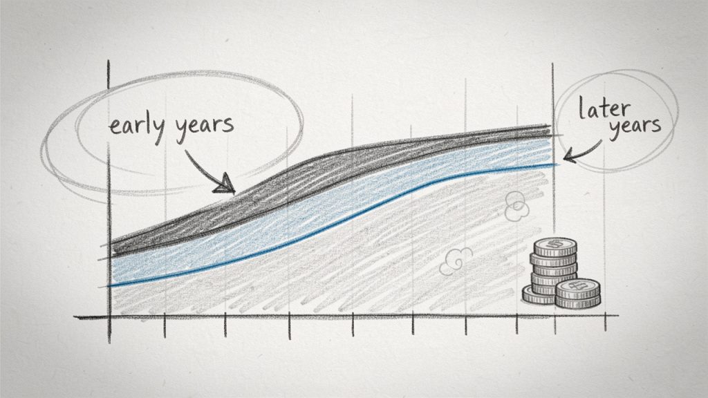 Amortization chart showing payment composition over time: stacked area or two-line visualization where the interest portion is large at the start and shrinks over time while the principal portion grows. Annotate early years with higher interest share and later years with higher principal share, and label total years on the x-axis.