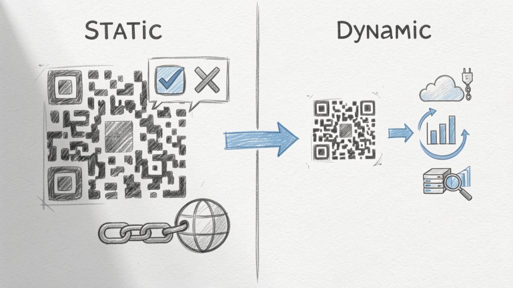 Najlepszy generator kodów QR online: wybierz, stwórz, porównaj 9 Side-by-side diagram comparing static vs dynamic QR codes: left encodes a full URL, right points to a provider-managed redirect with editable destination and analytics