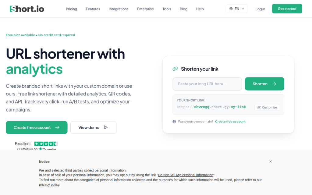 Укоротить URL онлайн: выбрать, создать и отслеживать короткие ссылки 5 Screenshot of short.io
