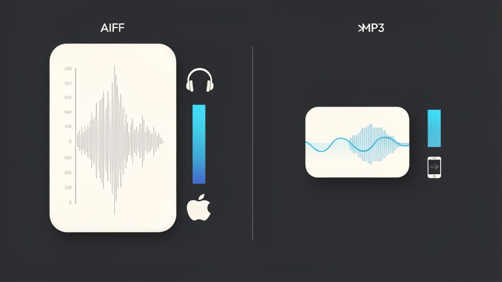 Side-by-side infographic comparing AIFF and MP3: AIFF shows large file icon, detailed waveform, labels "High quality — often uncompressed", "Large file size", "Best for editing, archiving, studio use"; MP3 shows smaller file icon, simplified waveform, labels "Lossy compressed — smaller files", "Good for sharing, web, phones", "Common bitrates: 128–320 kbps".