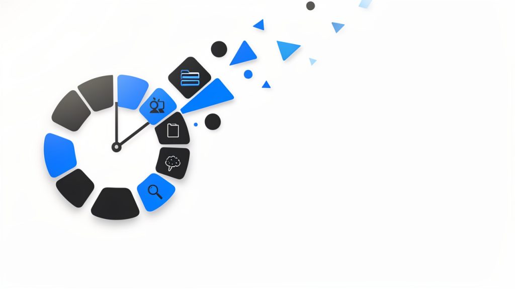 Free Productivity Tools That Actually Save Time 15 A visual metaphor for fragmented time: a clock face broken into many small pieces or lots of tiny clock icons scattered, each labeled with brief distractions (e.g., 'searching for a file', 'tab switching', 'remembering next step'), conveying how minutes add up into lost time.