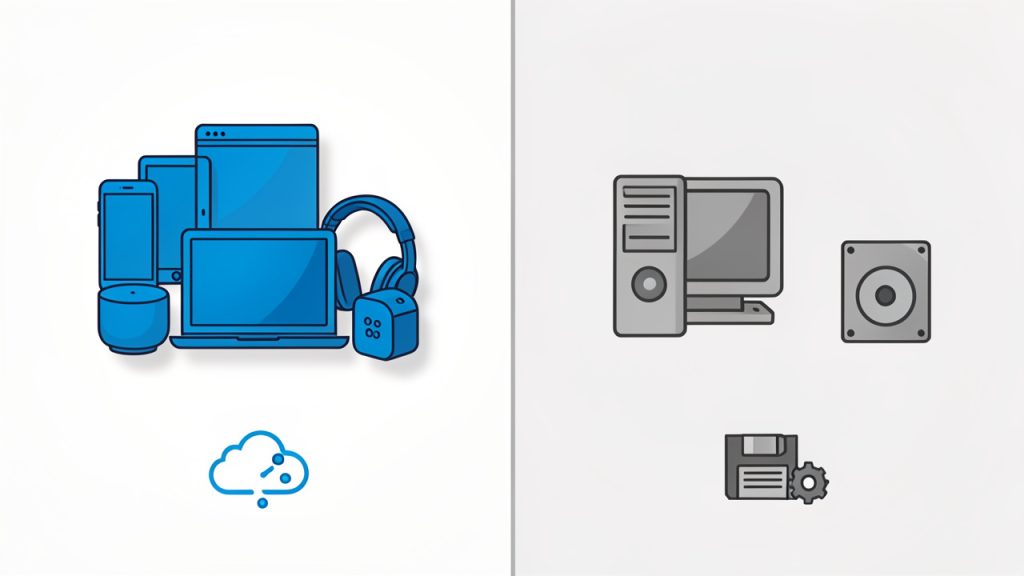 Side-by-side compatibility illustration: left panel shows MP3 with many device icons (phones, browsers, cross-platform players) labeled “Broad compatibility”; right panel shows WMA with Windows/legacy PC icon and older hardware labeled “Windows / legacy systems”. Include a small caption listing typical best uses (everyday sharing vs legacy workflows).
