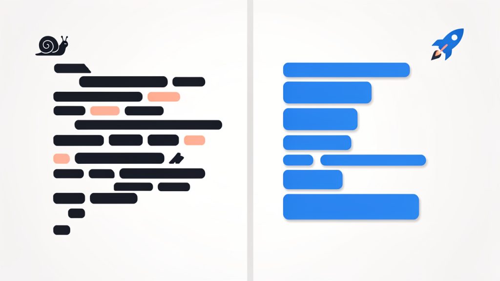 Guia do Formatador PHP: Ferramentas, Melhores Práticas e Configuração 2 Side-by-side visual of 'messy' PHP code vs 'formatted' PHP code: left pane shows cramped, inconsistent indentation, mixed brace styles, and noisy diffs; right pane shows clean, consistently indented PSR-12 style with ordered imports and aligned operators. Add a small caption or icon showing slowed review (snail) on the messy side and faster review (rocket/check) on the formatted side.