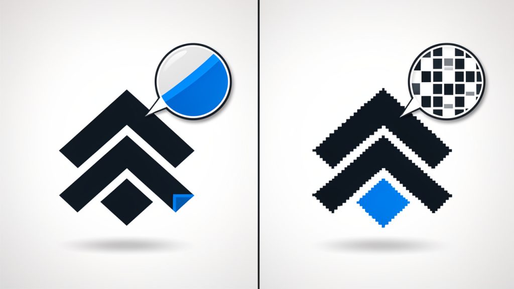 Side-by-side comparison showing the same logo as an SVG (left) and a PNG (right). The SVG side remains perfectly sharp when zoomed or enlarged; the PNG side becomes visibly pixelated when scaled up. Include small zoom-in callouts to emphasize sharp vs pixelated edges.