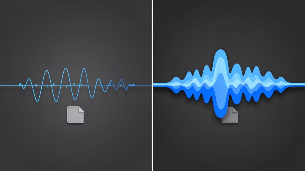 Side-by-side visual comparing MP3 vs WAV: left panel shows a simplified, 'thinner' waveform with parts faded or missing and a small file-size icon labeled MP3 (lossy/compressed); right panel shows a fuller, detailed waveform and a large file-size icon labeled WAV (uncompressed).