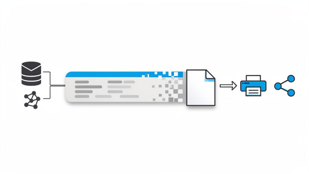 How to Convert Base64 to PDF — Quick Guide 2 Clear flow diagram showing Base64-encoded PDF recovery: leftmost column with source systems (API, email, database) feeding into a long Base64 text block icon; an arrow labeled "decode" pointing to a PDF file icon; final arrow to actions (save, print, share). Include small labels for "text transport layer" over the Base64 block and "original PDF" over the PDF icon.