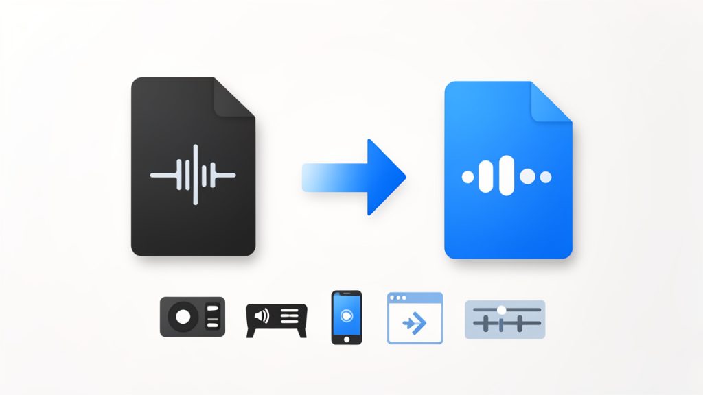 A clean, friendly illustration showing an AAC file icon on the left converting to an MP3 file icon on the right (arrow between them). Below the MP3 icon are multiple device and app icons (old media player, car stereo, smartphone, web browser/upload box, audio editor) to show broad compatibility. Optional small caption: “Convert for easier playback and sharing.”