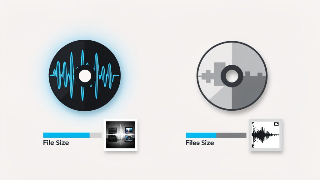 Side-by-side comparison graphic showing FLAC vs MP3: two file icons or discs with labels; FLAC side shows a full waveform, 'lossless / original fidelity' tag, and a larger file-size bar; MP3 side shows a slightly simplified waveform, 'lossy / smaller file' tag, and a smaller file-size bar. A small caption: 'FLAC = archive quality, MP3 = portable & compatible.'