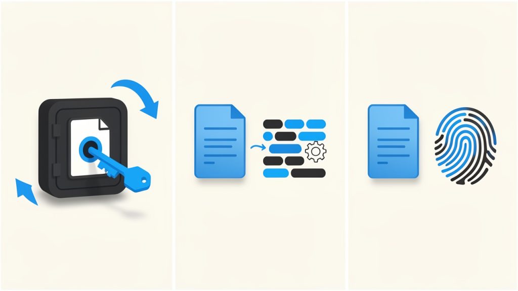 Three-panel comparison illustrating 'Encryption vs Encoding vs Hashing': (1) Encryption — a document placed inside a locked safe with a key labeled 'decrypt' (reversible); (2) Encoding — the same document changing file formats (e.g., text -> encoded string) with a label 'formatting, not secure'; (3) Hashing — a fingerprint icon representing a one-way digest with no key to recover the original.
