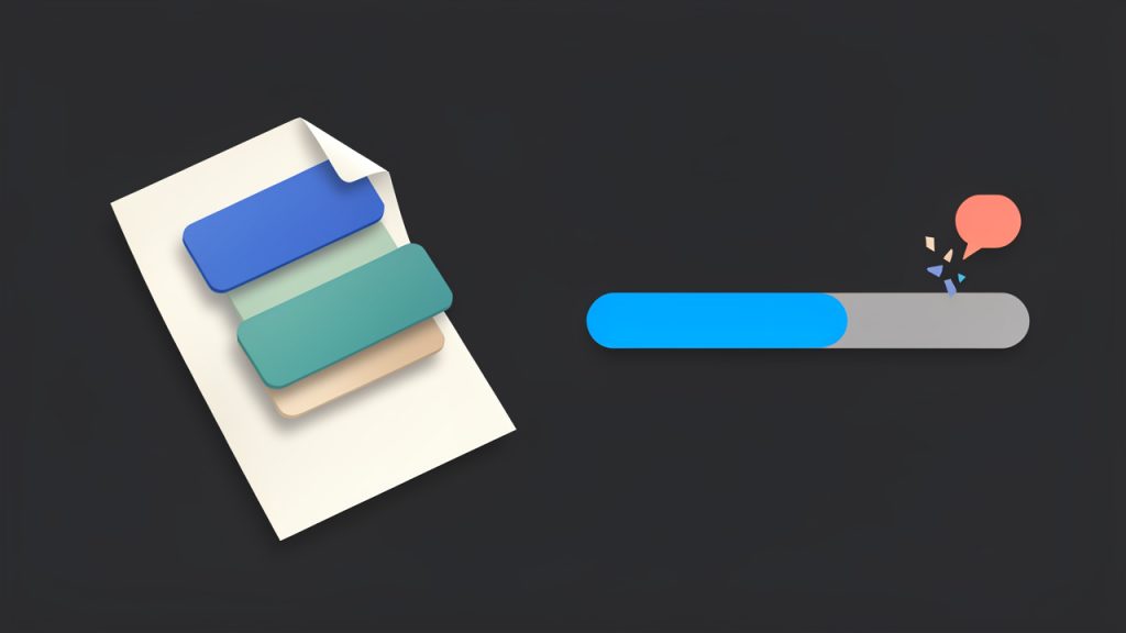 A visual metaphor of a 'bloated' PDF: a large PDF document icon weighed down with heavy elements (photos, a branded cover, embedded images) next to an email progress bar stuck at 99% and an error/toast saying 'attachment too large'.