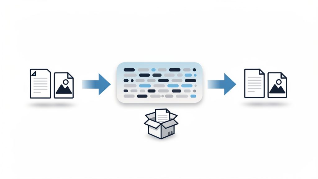 A clear pipeline diagram showing: left — readable input (text file, image icon) labeled 'Input'; middle — an arrow labeled 'Encode →' leading to a long Base64 string box with characters like 'TWFu...' ; right — an arrow labeled 'Decode →' back to the original readable input. Include a small caption: 'Encoding = format change, not encryption.'