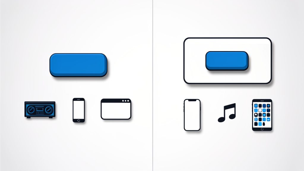 A simple labeled diagram comparing MP3 and M4A: left side shows an 'MP3 file' with an MP3 codec block and a list of broad compatibility icons (older car stereo, Android, web); right side shows an 'M4A file' as a container box with an AAC codec block inside and Apple ecosystem icons (iPhone, iTunes, Music app). Add a small caption: 'MP3 = codec; M4A = container (commonly AAC) — AAC is generally more efficient.'