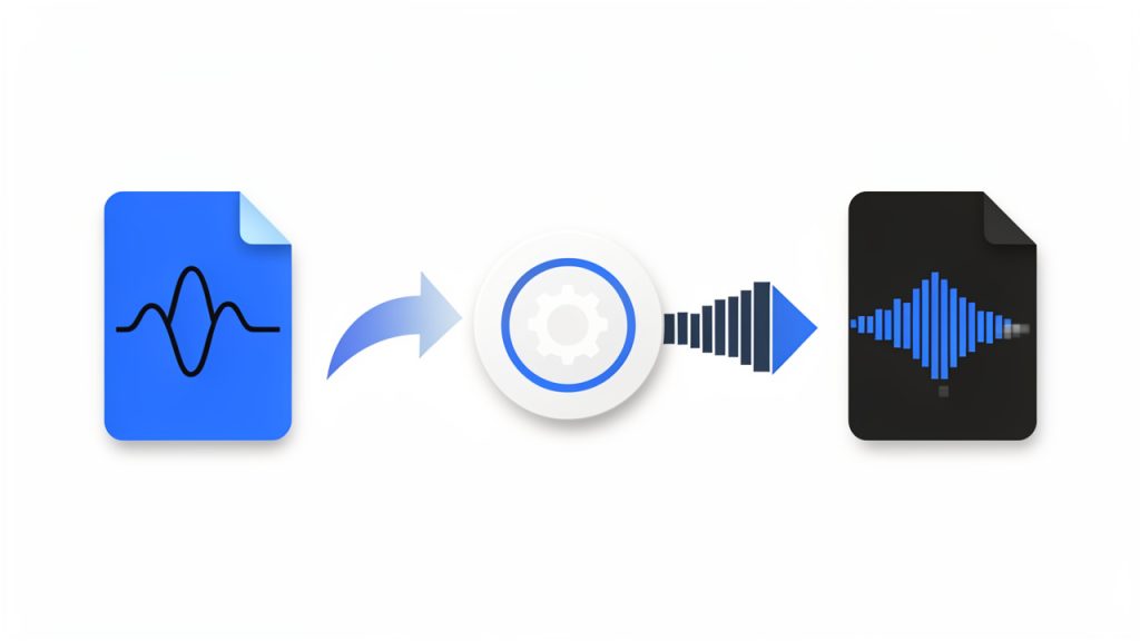 A simple diagram showing an M4A file icon feeding into a converter process labeled “re-encode (not rename)”, producing an MP3 file icon. Include arrows, a note that codec/encoding changes occur, and a small warning about potential quality loss if re-encoding compressed sources.