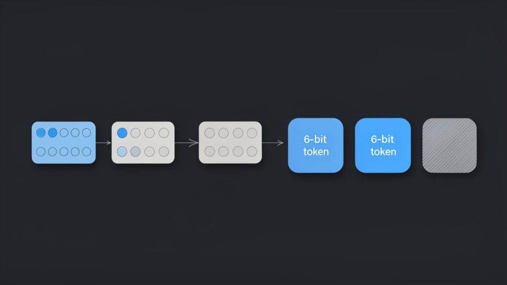Diagram showing the Base64 encoding process: 3 input bytes (24 bits) grouped together, split into four 6-bit chunks, each mapped to a Base64 character. Include an example: ASCII for 'Hi' (0x48 0x69) shown as bytes, padded with zeros to make 24 bits, resulting 6-bit values, mapped to characters 'S', 'G', 'k', '=' with the '=' shown as padding. Annotate '3 bytes -> 4 chars', '6-bit chunks', and 'padding when input length ≠ multiple of 3'.